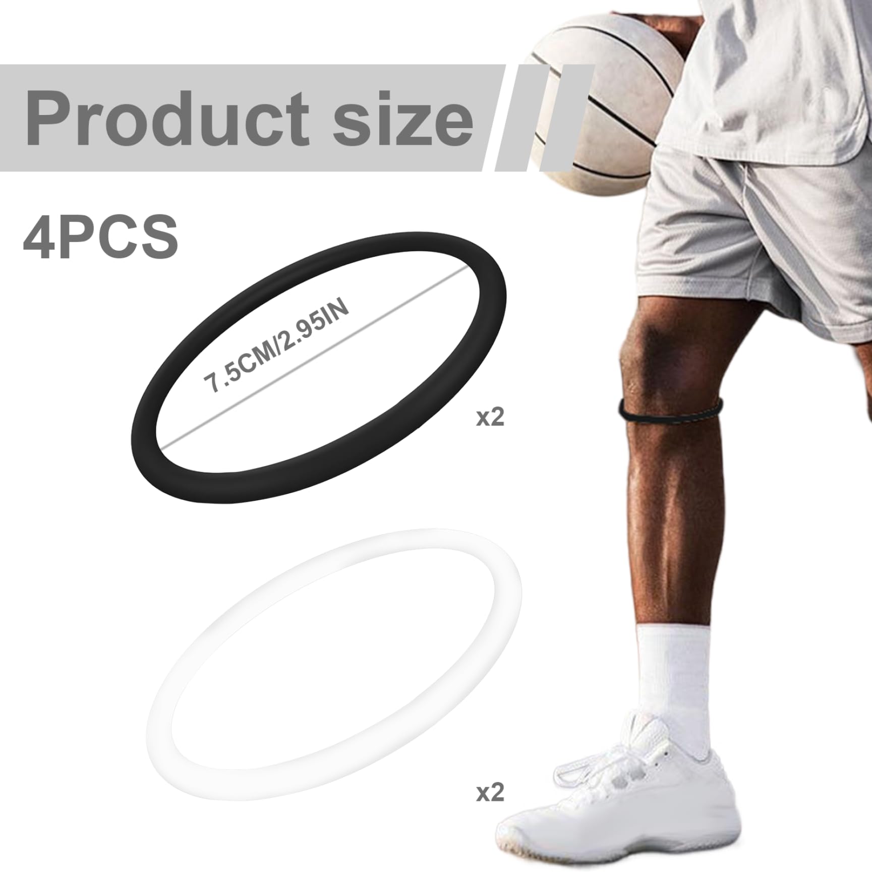 Bande de rotule, sangle de support de tendon de rotule en silicone 2 paires, sangle élastique en caoutchouc de genou, bandes de genou en noir et blanc réutilisables pour le basket-ball, le football,