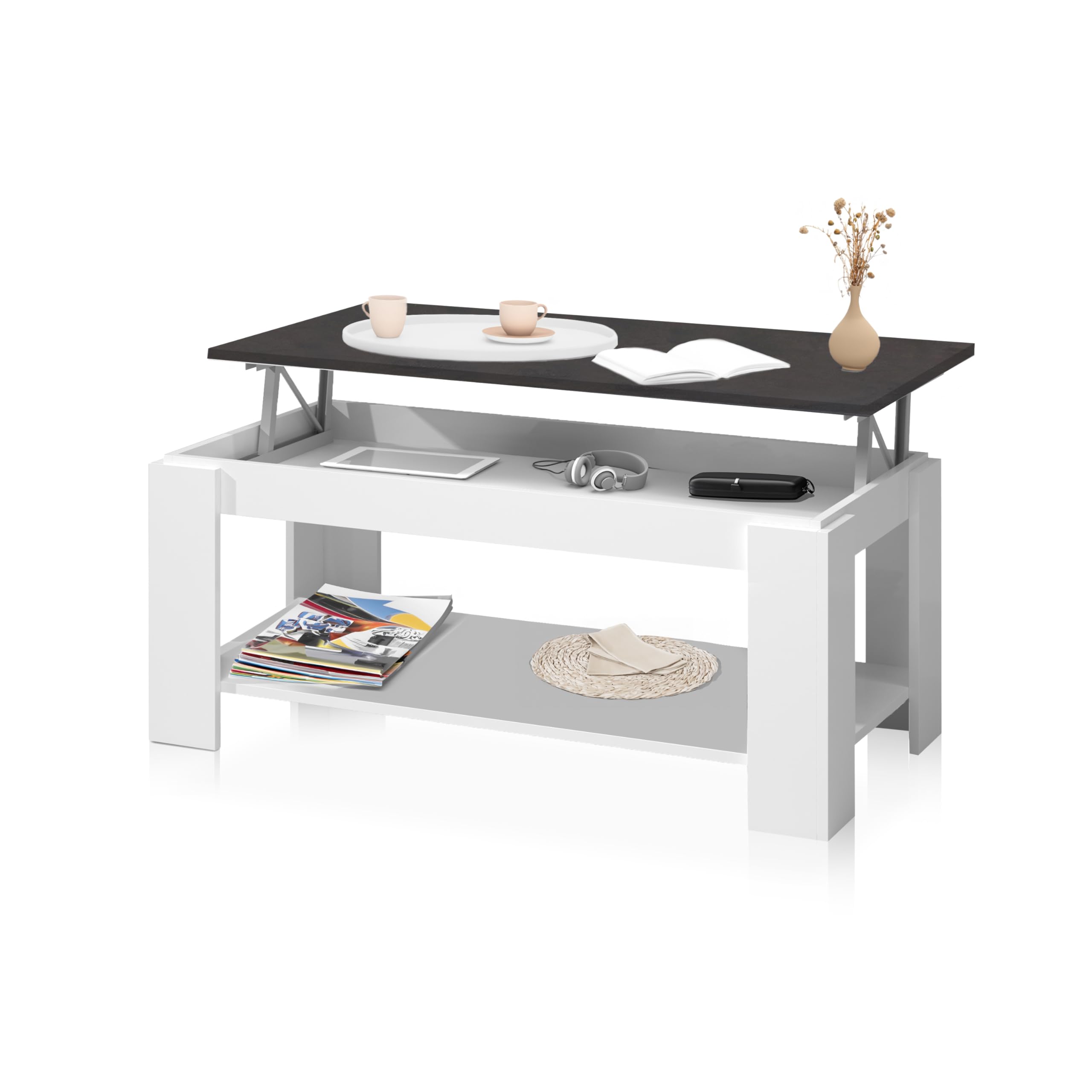 duehome | Mesa de Centro Elevable, Mesa Auxiliar, Modelo LYA, Acabado en Color Blanco Artik y Oxido, Medidas: 102 cm (Largo) x 50 cm (Ancho) x 43-54 cm (Alto)