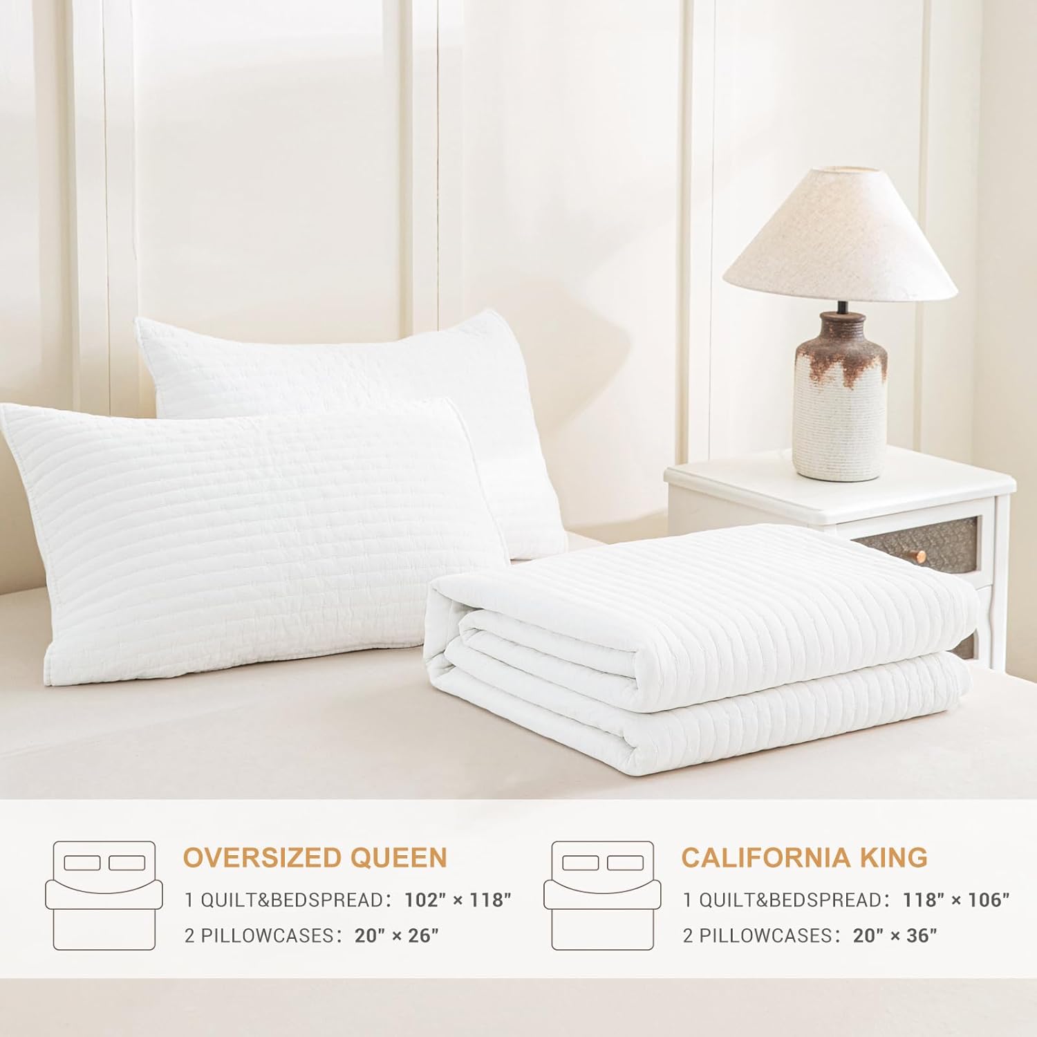 Sanracie Stonewashed Oversized King Bedspread(118x106), Cotton Milk White California King Quilt Coverlet Cross Stitch Ultra Soft Lightweight 3Pcs Crinkle Bed Coverlet Set for All Season