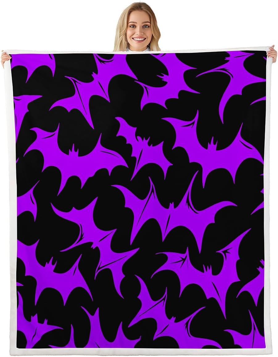 Erosebridal Bats Halloween Decoration - Black Purple Bat House Throw Blanket Fleece Blanket,Horror Animal Bird Gothic Shadows Pattern Blanket 90"x90" Western Festival Halloween Decorations Indoor