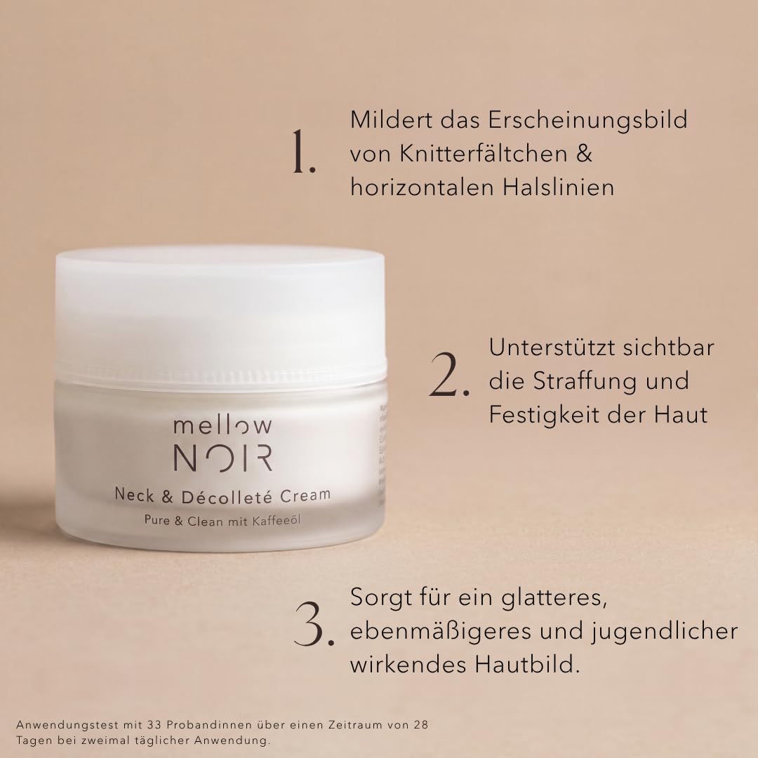 mellow NOIR Neck & Décolleté Cream 50 ml, Straffende Hals- und Dekolleté Creme mit Q10, Hyaluronsäure und COL-4-FRAG REMASTERED™, Für glattere, festere und definierte Haut