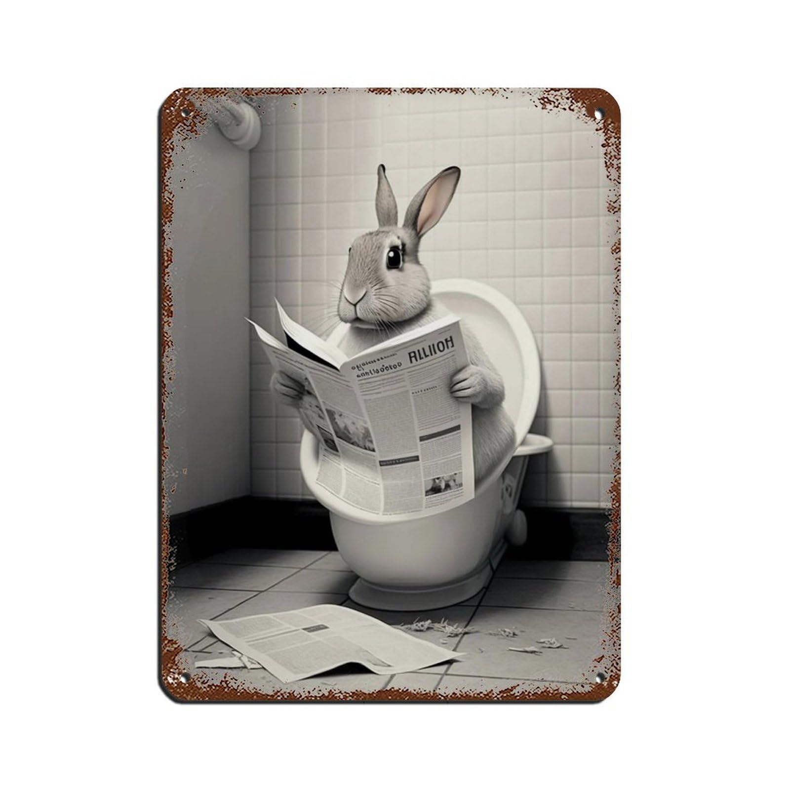 Rabbit Sitting on The Toilet Reading A Newspaper Retro Poster Metal Tin Sign Chic Art Retro Iron Painting Bar People Cave Cafe Family Garage Poster Wall Decoration 12x16inch(30x40cm)