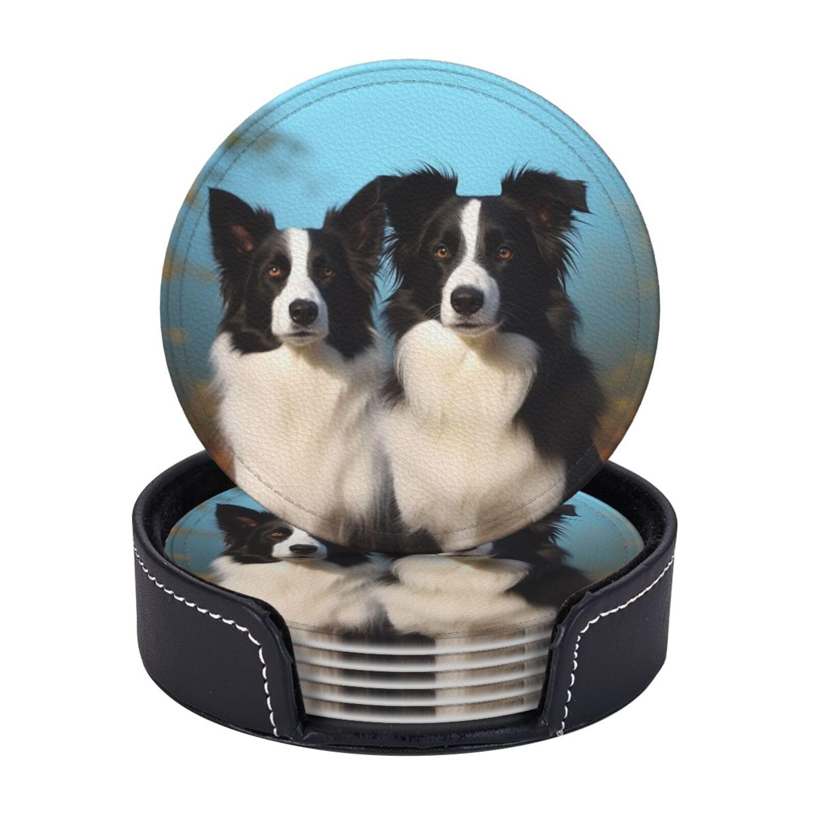 Round Coasters for Drinks Set of 6 - PU Leather Coasters with Holder - Modern Drink Coasters for Coffee Table - Border Collie Coaster for Tabletop Protection 4" Cup Mat Pad