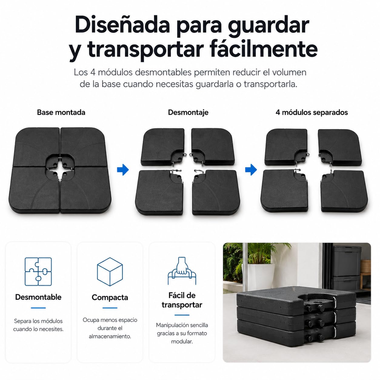 Base para Sombrilla Rellenable Modular 4 Piezas – Pie de Parasol para Agua o Arena, Compatible Mástil Central y Lateral, Negro, Uso Exterior Terraza y Jardín