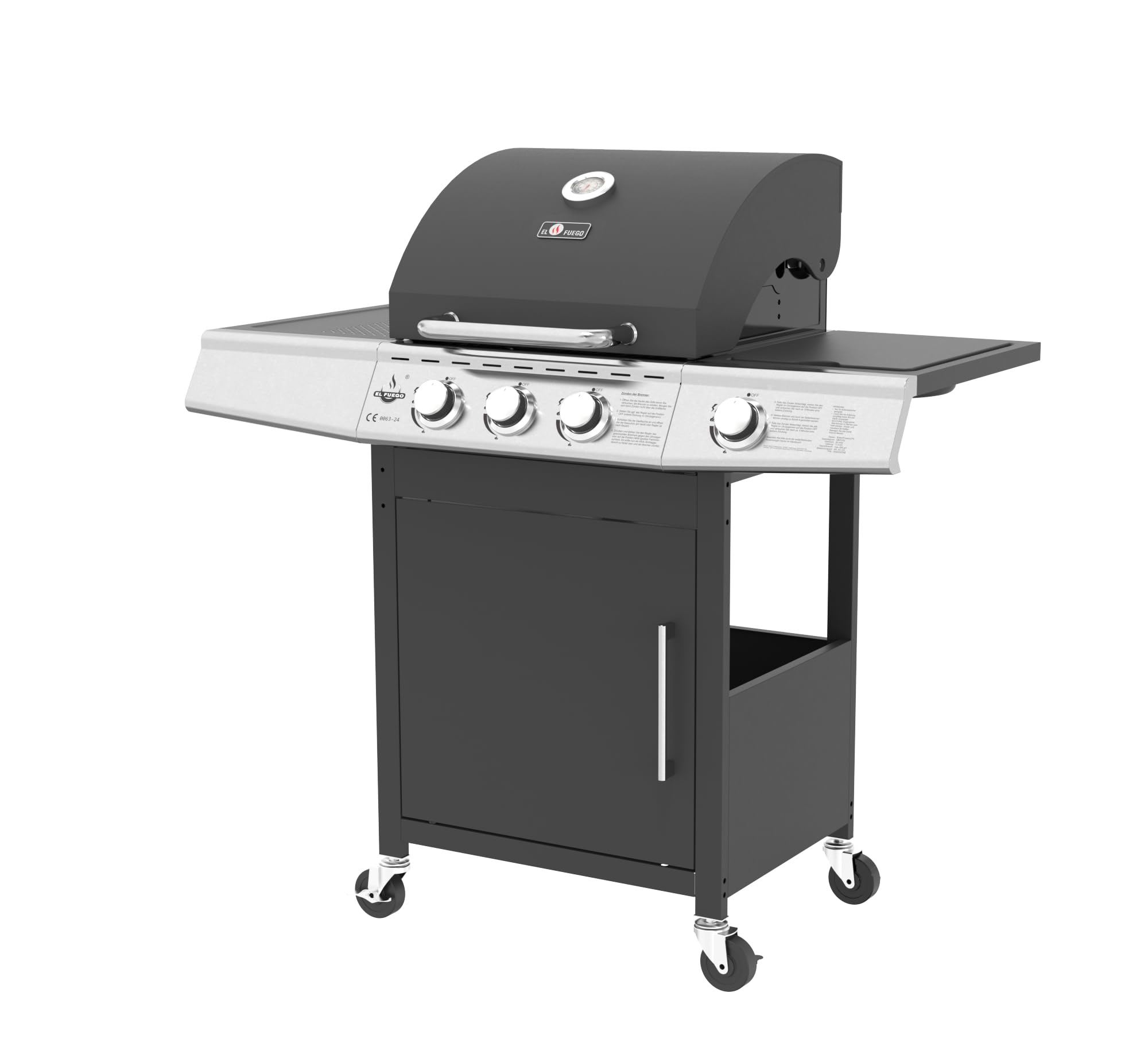 Grill gazowy "MIAMI" firmy El Fuego® 3 główne palniki + 1 palnik boczny | palnik ze stali nierdzewnej | w zestawie wąż gazowy i reduktor ciśnienia | grill wędzarniczy BBQ | AY 506