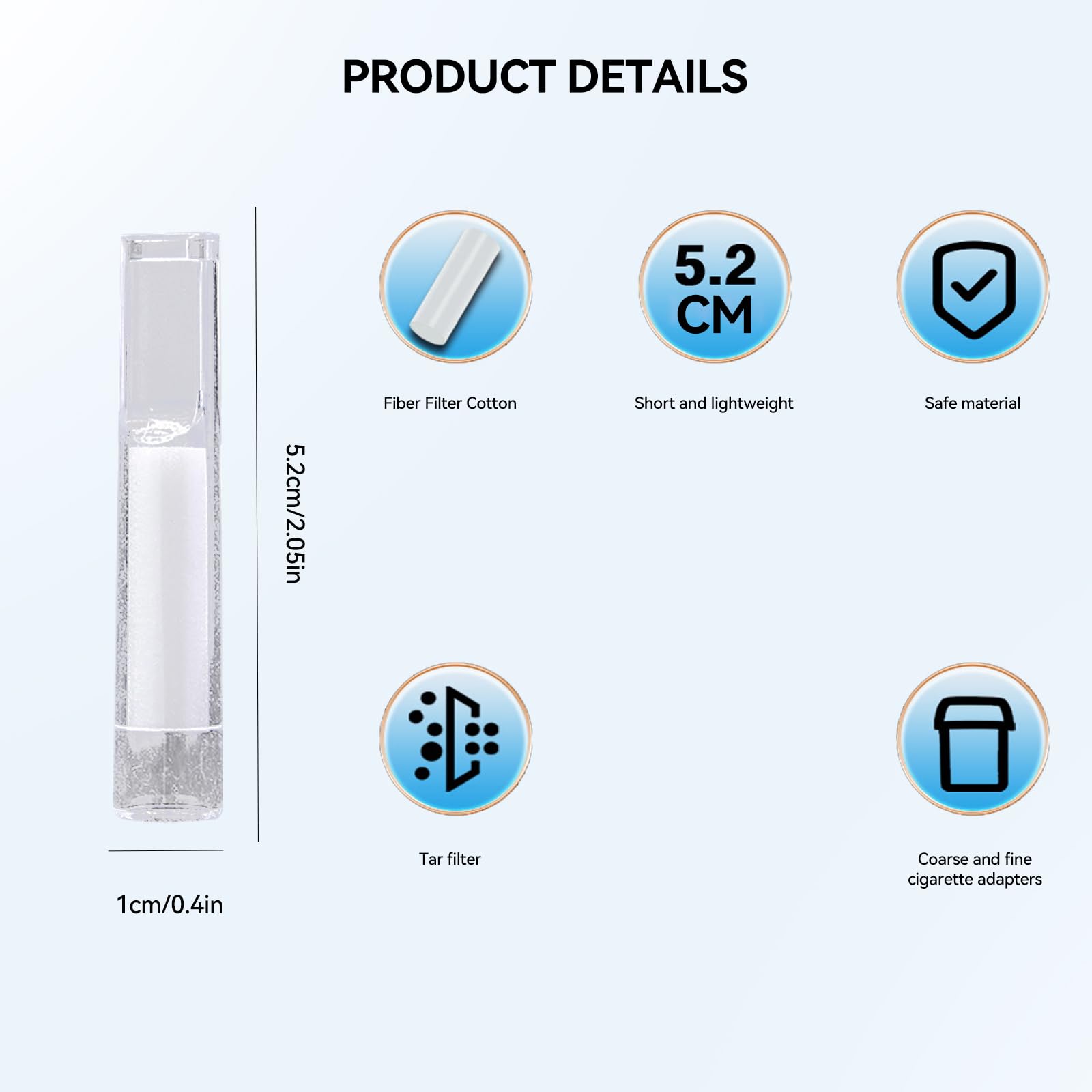 Amazon.com: Cigarette Filters (100 pcs) Fiber Cotton Multi-Filtration,  Reduces Tar and Tobacco Stains for Ø8mm Standard Size Cigarettes, with  Adapters for Ø6mm Ø5mm Ultrathin Cigarettes White (White 100 pieces) :  Health &