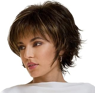 YBY Perucas femininas modernas de cabelo liso curto, fofo, franja curta, castanho escuro, perucas femininas para fora, cabelo curto encaracolado, adequadas para festas diárias