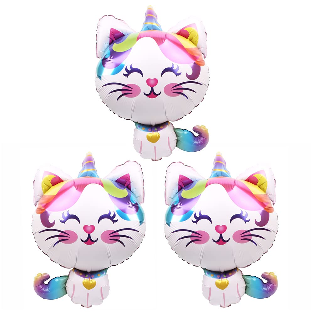 Cute Animal Cat Balloons Party Supplies - Rainbow Unicorn Caticorn Kids Boys Girls Birthday Decorations Baby Shower - 3 Pack 36‘’ Kitty Cat Helium Mylar Foil Balloons, with Ribbon