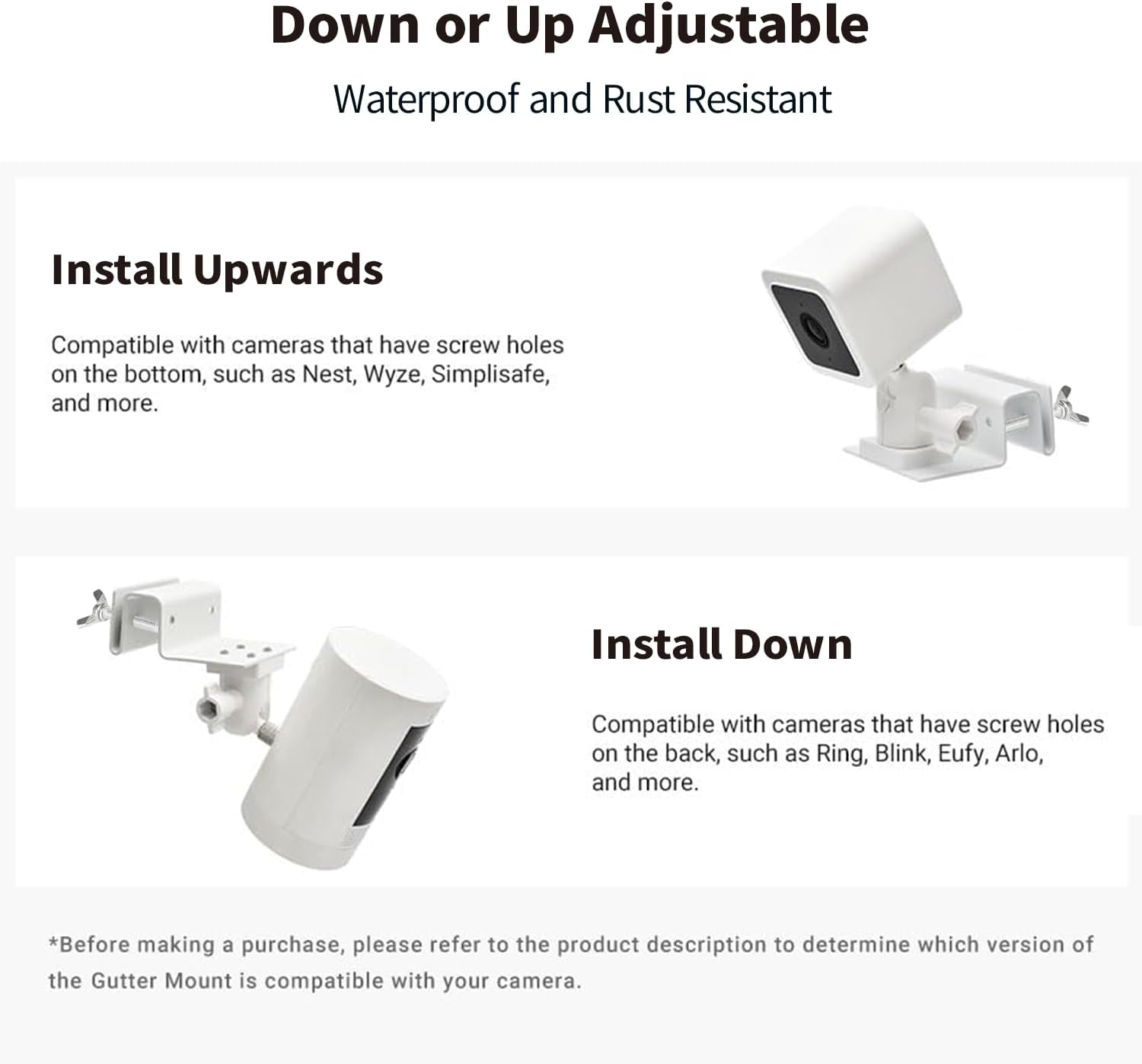 Diagram showing 'Install Upwards' and 'Install Down' configurations for the Tonton Gutter Mount, accommodating different camera screw hole positions.
