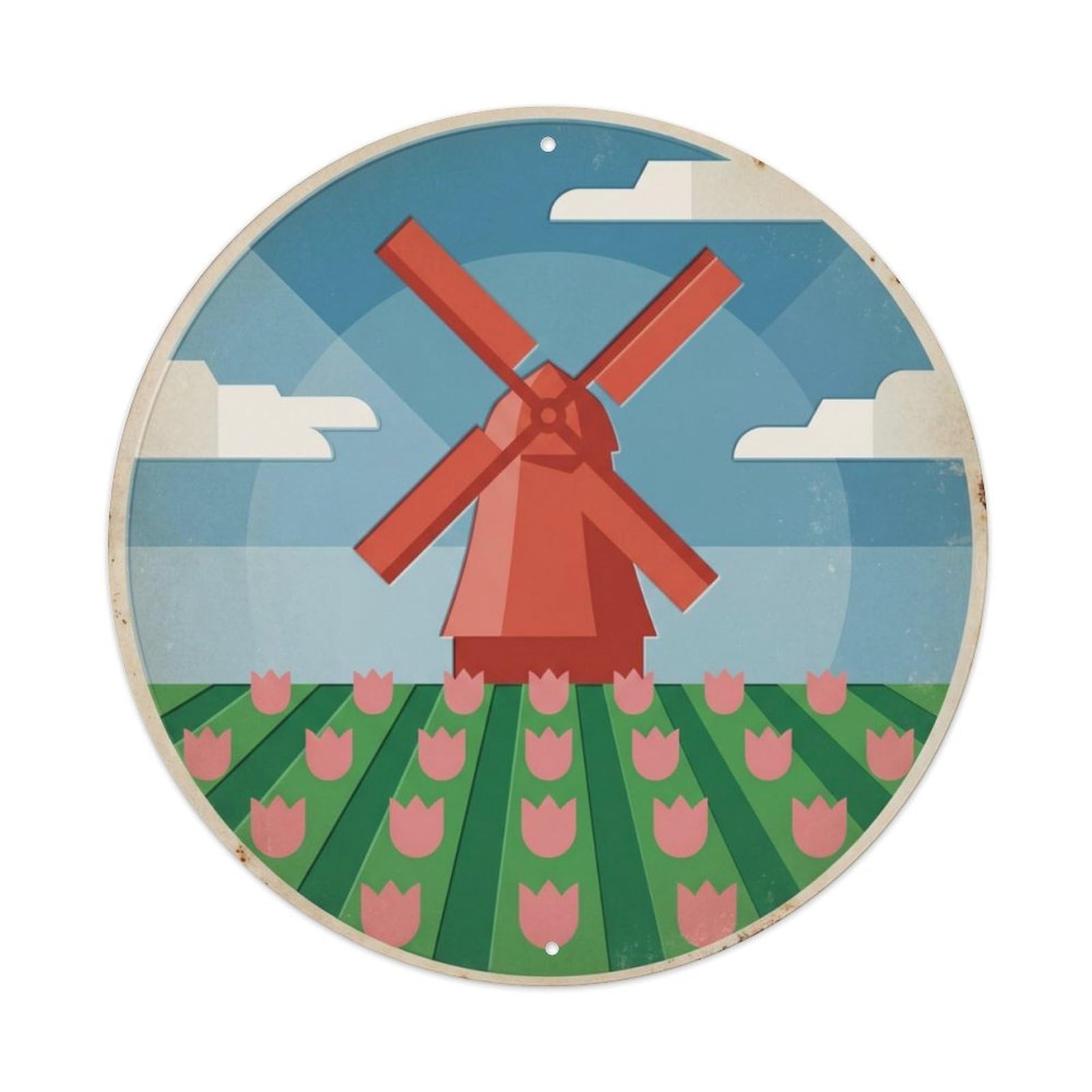 Amsterdam Windmill Countryside Travel Metal Tin Sign Plaque Wall Decor for Cafe, Club Bar, Office, Home Garden Round Metal Poster 8x8Inch