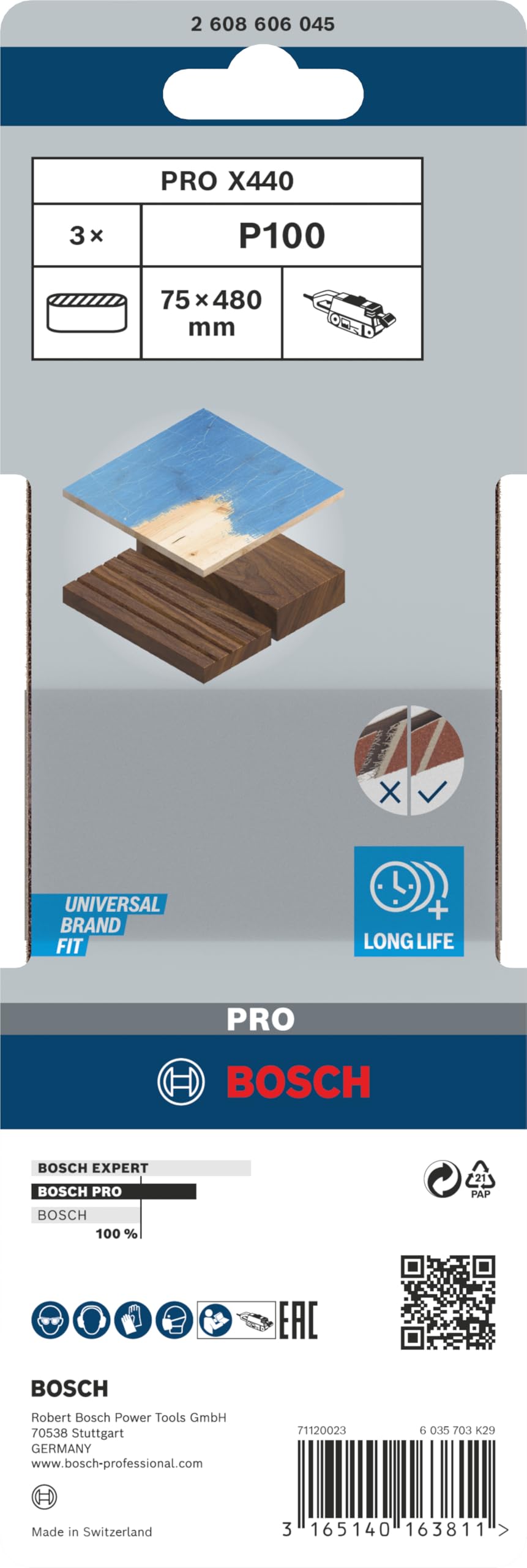 Bosch 2608606045-3 Nastri Abrasivi B.F.Wood, 75 x 480 mm, P100