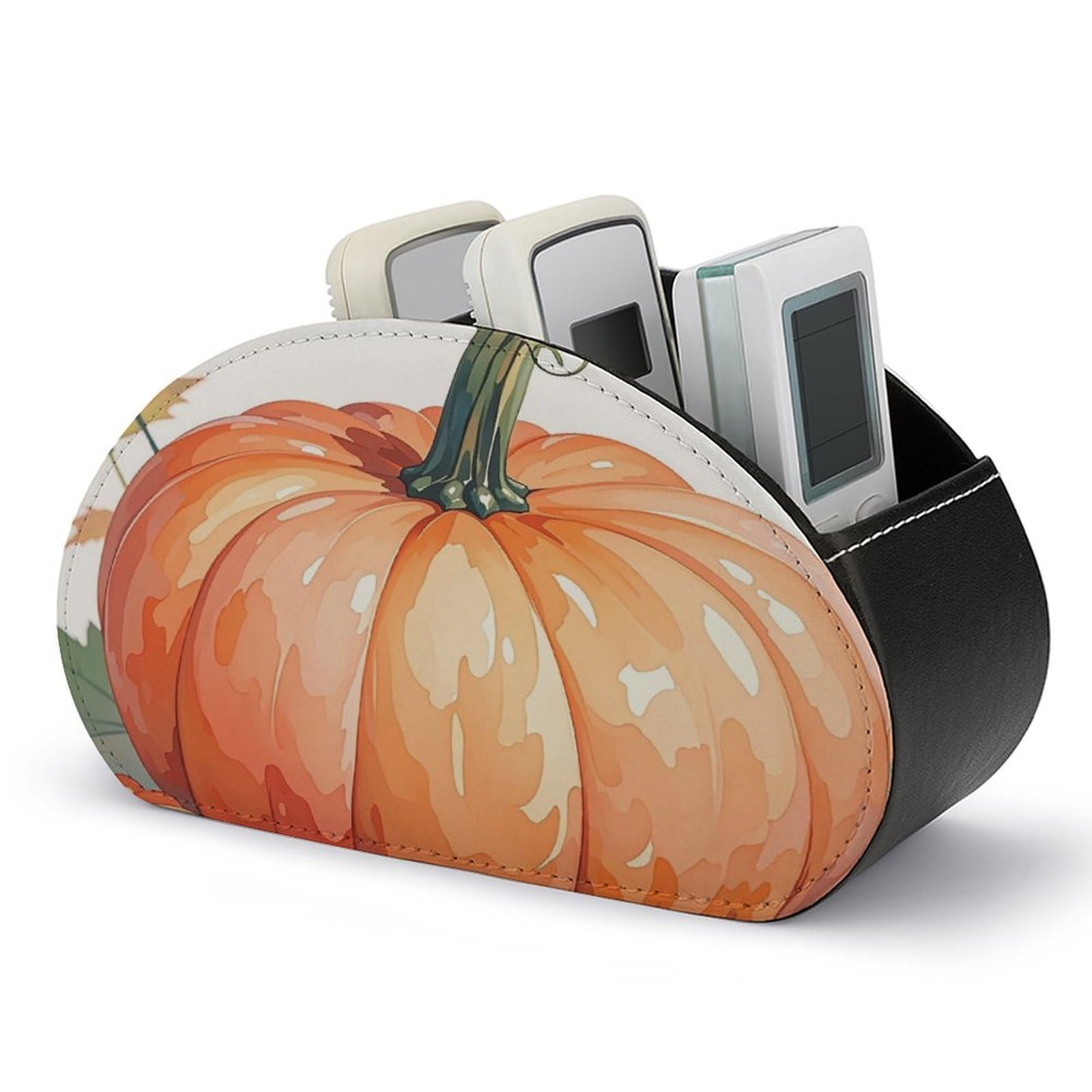 FekiLoot Fall Watercolor Pumpkins TV Remote Control Holder with 5 Compartments Multi-functional Leather Bedside Table Remote Caddy Desktop Storage Box for Store Pen Controller Media Player Cosmetic