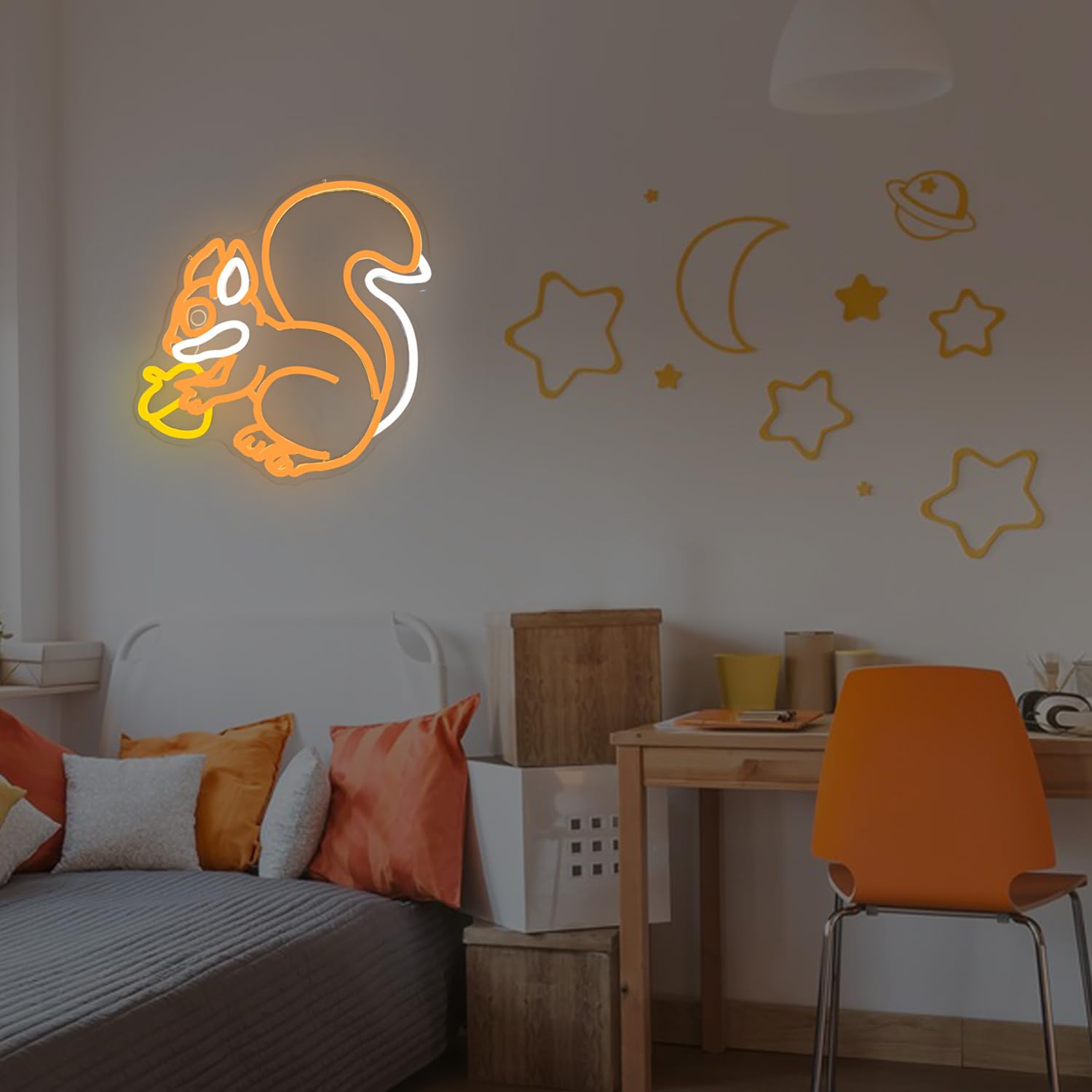 Letrero de neón de ardilla para decoración de pared, ardilla sosteniendo un cono de pino, luz de neón regulable, lámpara LED naranja para dormitorio, lindo letrero de luz de animal para Navidad 5
