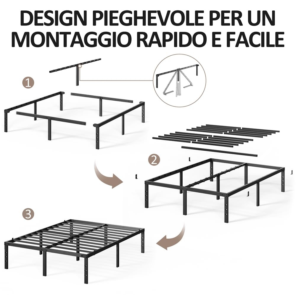 Yaheetech Rete Letto Matrimoniale 41,5 cm in Metallo 140 cm × 200 cm senza Testiera Spazio Aggiuntivo per Camera da Letto Nero