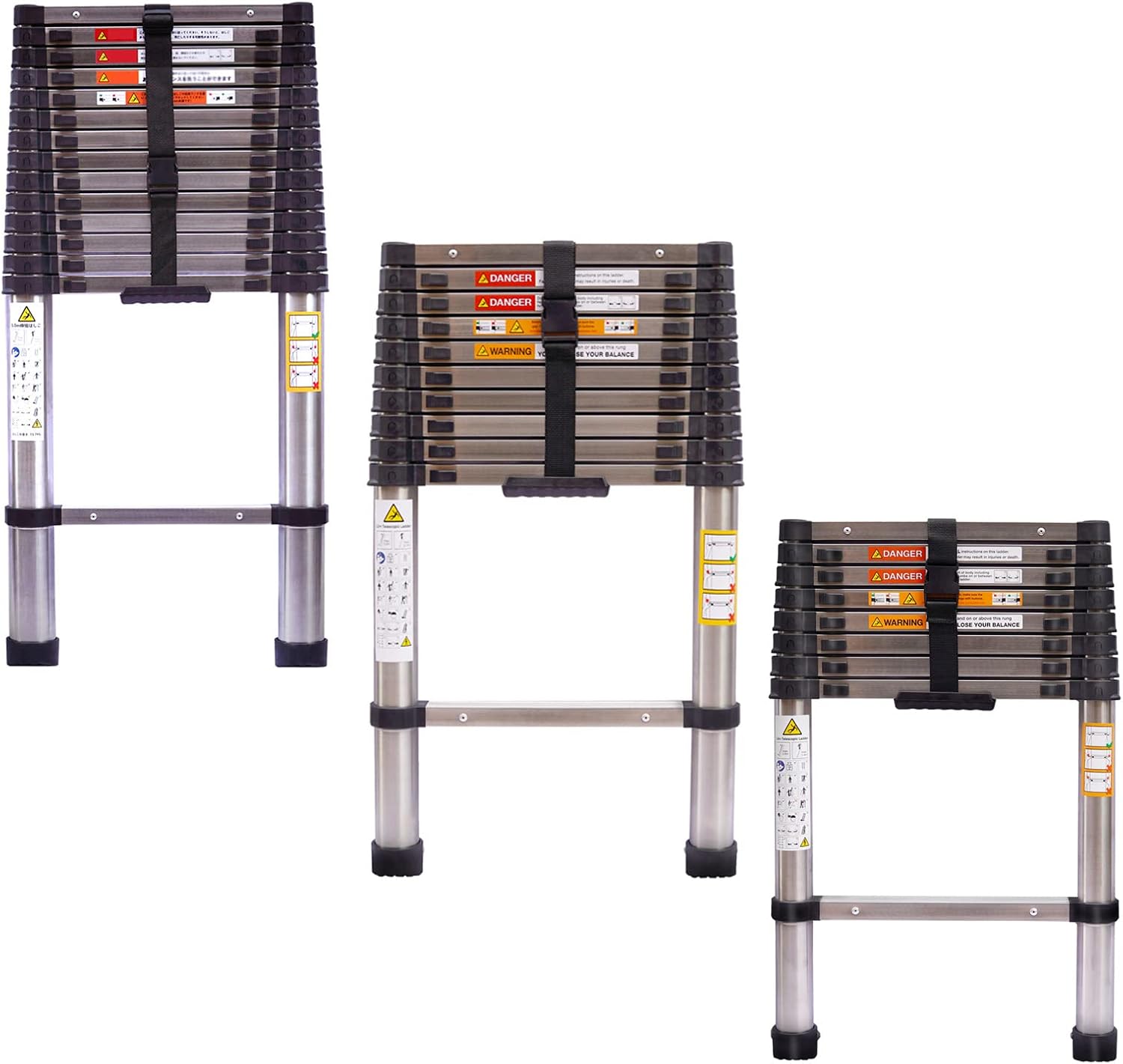 Portable Extension Ladder 12.5 Feet Heavy Duty Stainless Steel Telescoping Ladder for Home Office RV Attic Roof Repair, 330lbs Max Load, EN131 Certificated, with Anti-Slip Rubber Feet