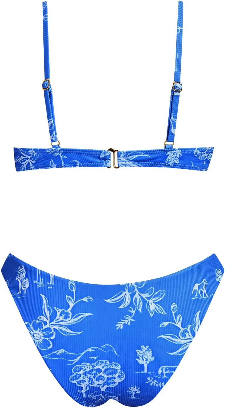 VOLAFA Women's Triangle Bikini Set Swimsuit Print Push Up Elastic Tie String Top Ribbed Two Piece Bathing Suit