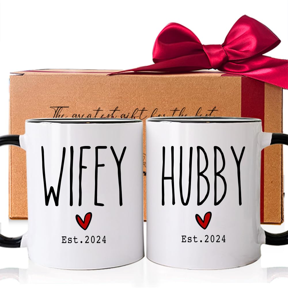 Est 2024 Hubby Wifey Coffee Mugs Set, Wedding Gift Set of 2 to Give, Bride Groom Mug Set, Couples Coffee Mug Set, Newlywed Coffee Mugs Gift Set, Mr Mrs Bridal Shower Gift (Black Handle)-5