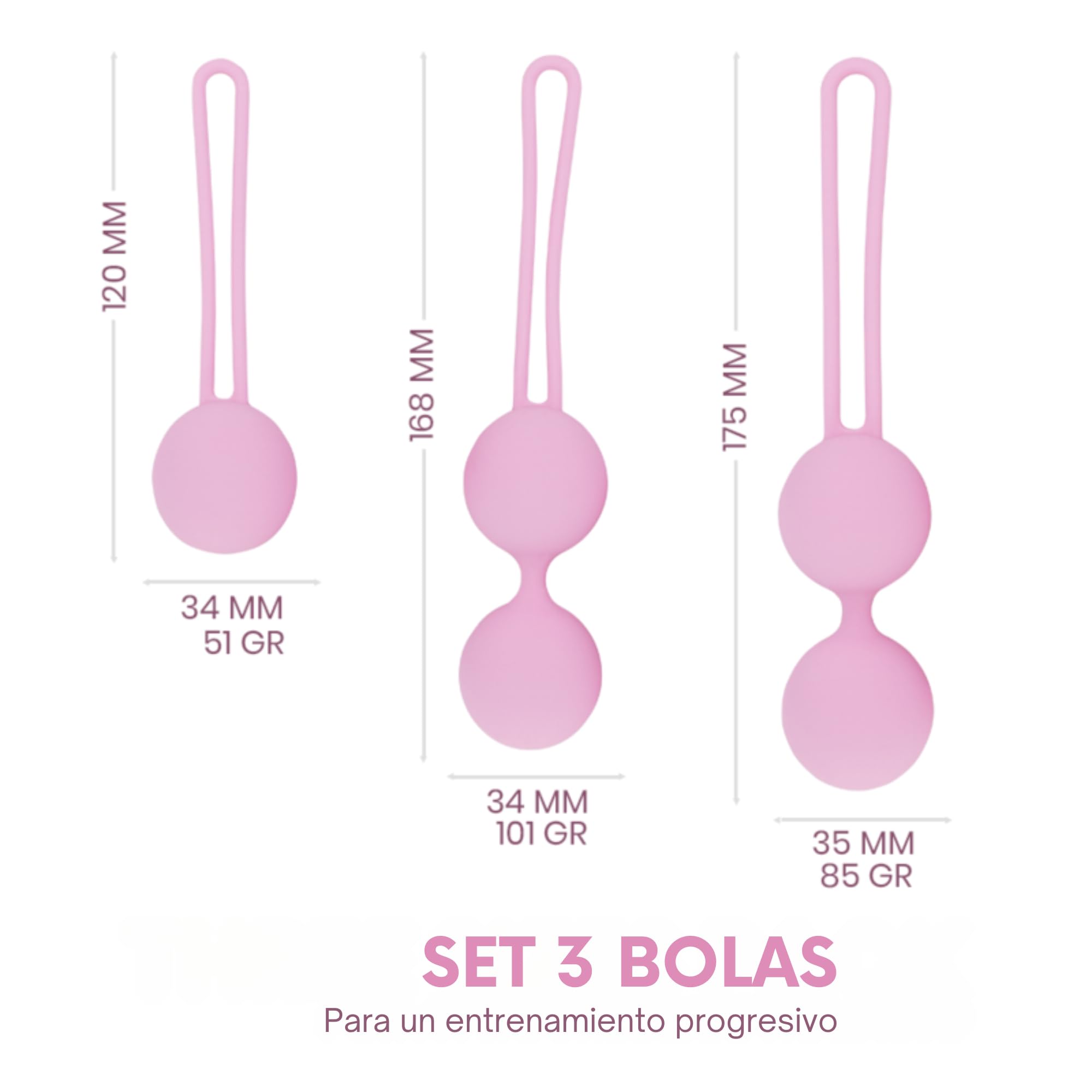 Set de 3 Entrenadores Vaginales para Ejercicios de Kegel Bola Pélvicas Silicona Médica Hipoalergénica Refuerza el Suelo Pélvico Con Bolsita Satén Suelo Pélvico para Mujeres, Rosa