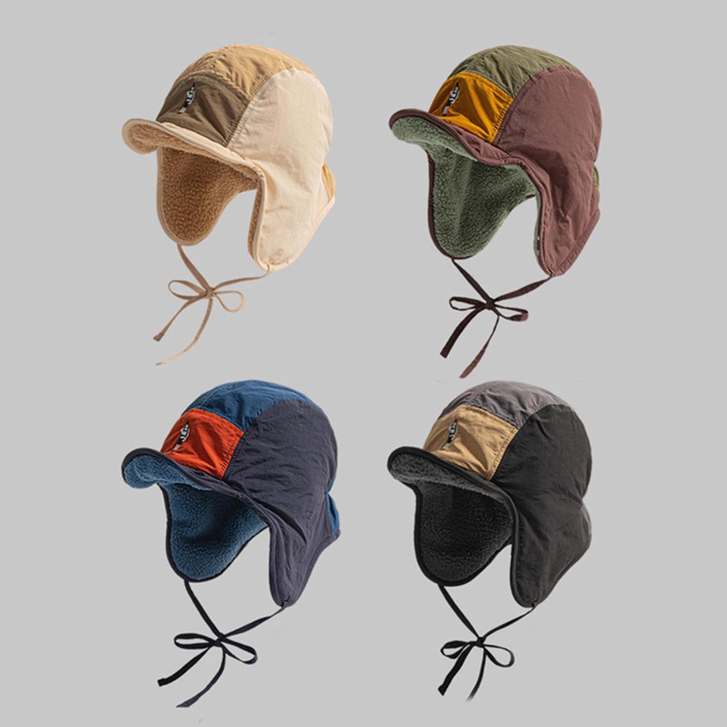 Fashion Trapper Hat Winter Warm Fleece Liner Earflap with Embroidery Pattern and Color Blocked Designs Ear Flap Gray