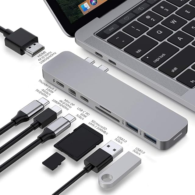 HyperDrive USB C Hub 8-in-2 Sanho MacBook Pro Hub with HDMI Mini Displayport Thunderbolt 3 USB-C 3.0 Power Delivery SD/Micro SD Card Reader Usb C Dongle for MacBook Pro 2020 2019 Gray