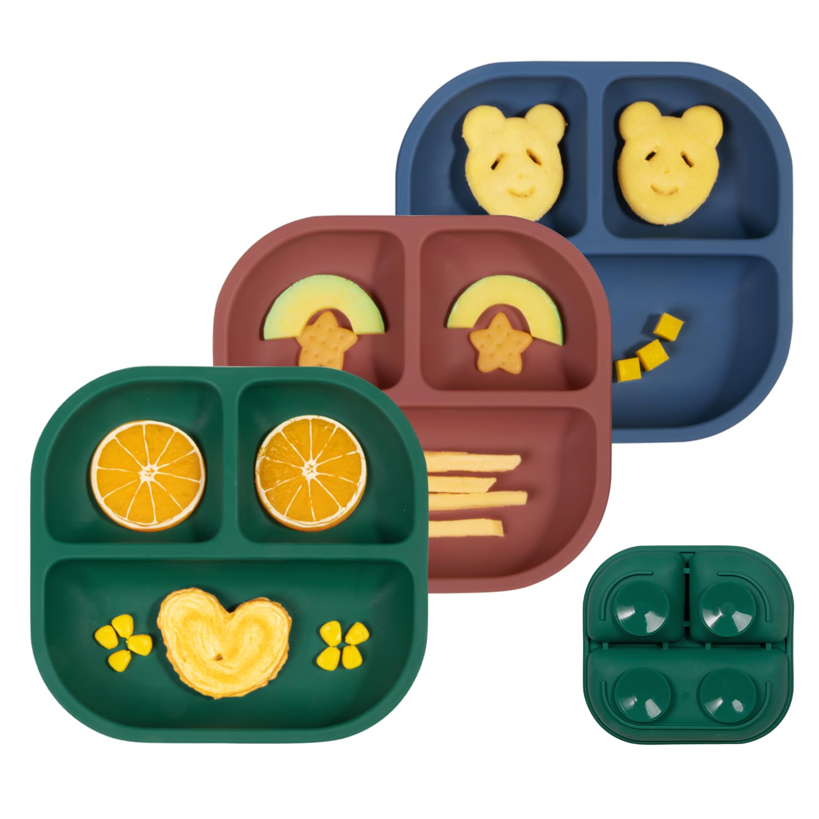 BABELIO Powerful Suction Plates for Baby and Toddler, 100% Food Grand Silicone, Divided, BPA Free, Microwave & Dishwasher Safe, Stay Put, 3 Pack