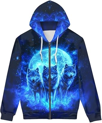 ENLACHIC Unisex Adult Novelty 3D Galaxy Wolf Print Zip up Hoodie Pullover Hooded Sweatshirt