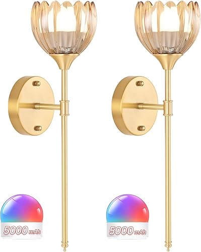 Juego de 2 apliques de pared a pilas, tulipán ámbar vintage, lámpara de pared recargable de 5000 mAh con batería con control remoto para sala de disponible en Yaxa Costa Rica