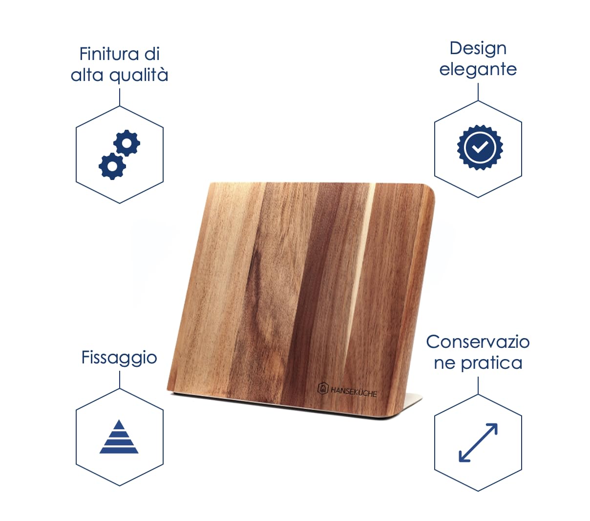 Hanseküche portacoltelli magnetico - Ceppo di coltelli magnetico in legno d'acacia, tagliere di alta qualità con magnete, portacoltelli magnetico senza coltelli