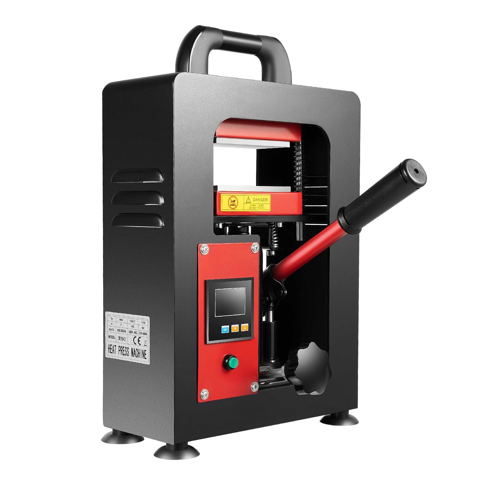 Heat press machine showing power, pressure, and heating plates