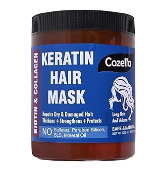 Cozella Biotin & Collagen Keratin Hair Mask | Repairs Dry & Damaged Hair Thickens + Strengthens + Protects | Long Hair and Volume | Safe and Natural | Sulfate and Paraben Free| All Hair Types | 1000 ML