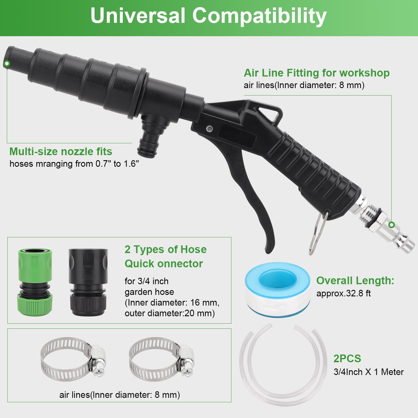 Coolant Flush Gun - heater core flush kit with Lever Action Air,Includes Garden Hoses, with Multi-Size Nozzles for 19-40mm Hoses, for Automotive Coolant System Flush,Heater Core Cleaning