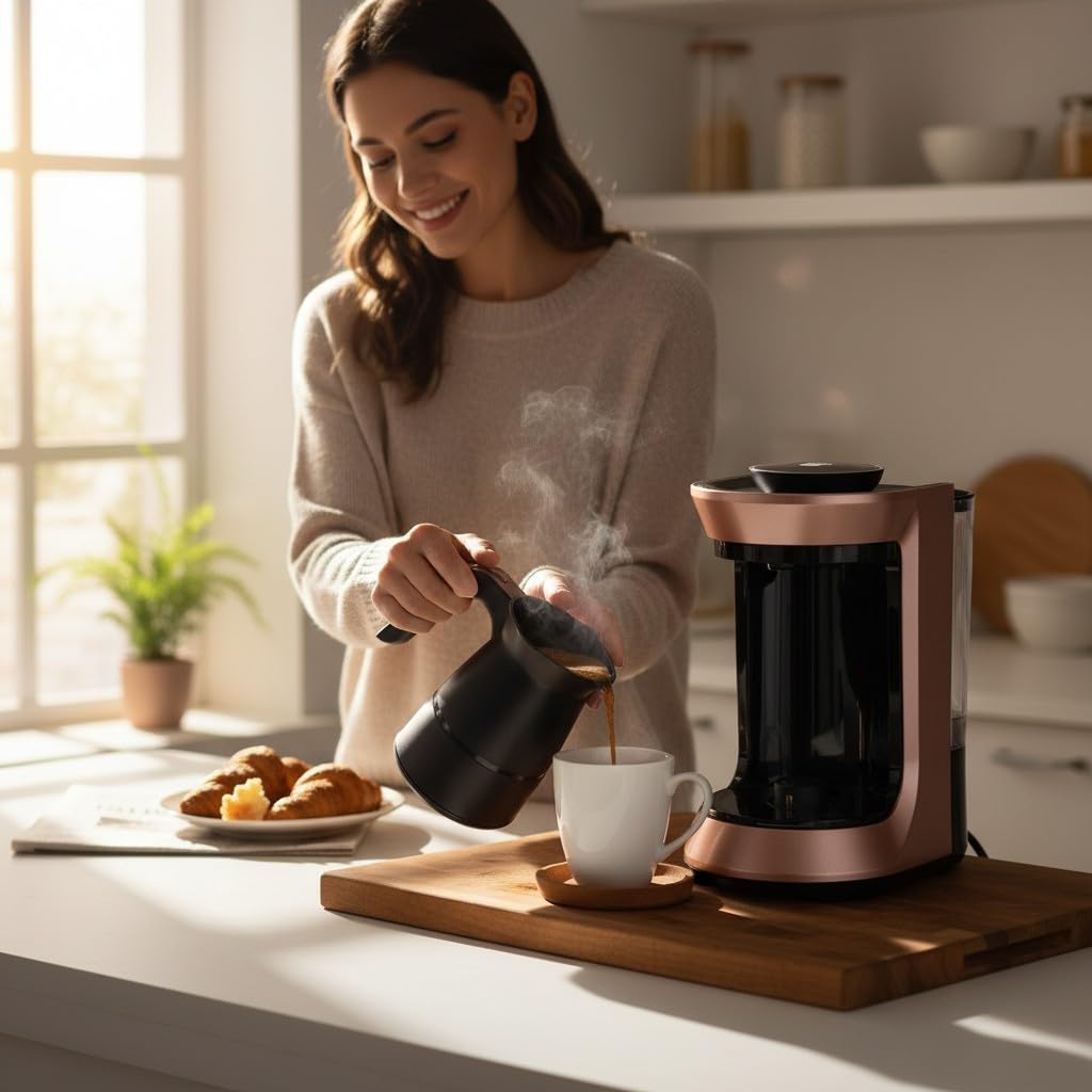 arnica Köpüklü - Türkische Mokka Kaffeemaschine Rose - 650W Edelstahl Kaffeekocher für Türkischen Kaffee - 4 Tassen 300ml - Überlaufschutz Ein-Klick-Bedienung