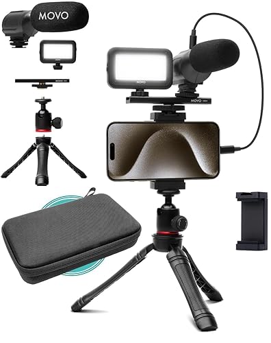 Movo USB-C Vlogging Kit for iPhone 15/16 - Phone Video Kit Accessories: Phone Tripod, Phone Mount, LED Light and Shotgun Microphone - Youtube Starter Kit for Content Creation, TikTok, Podcasts - USB-C