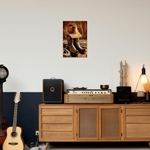 Miniatura 3 de SWQYLB Lienzo de vaquero occidental para pared, diseño vintage de sombrero y botas, impresiones de pintura de rodeo occidental, cueva para hombre,