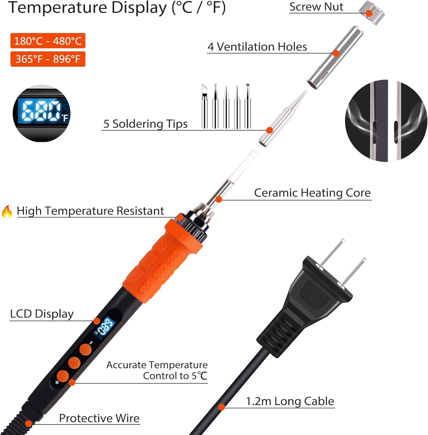 LDK Kit de soldador digital Cautin de 100 W para electrónica, bolígrafo de soldadura, pistola de soldar, kit de soldadura con 5 puntas, soporte, soldadura, pasta de soldadura, ventosa