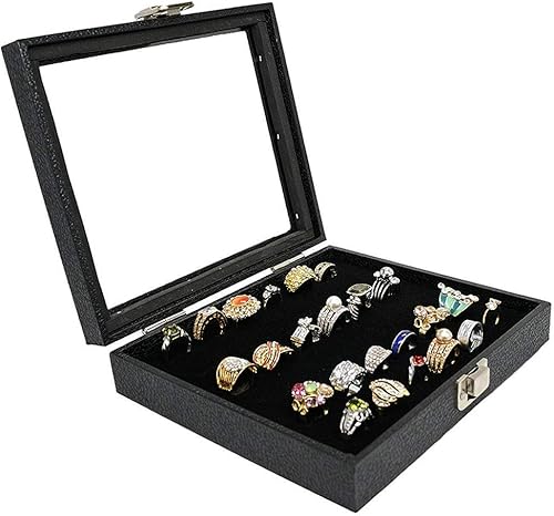 Miniatura 7 de Barelove Estuche organizador de almacenamiento de anillos de joyería, caja de almacenamiento de anillos de vidrio de terciopelo de madera negra