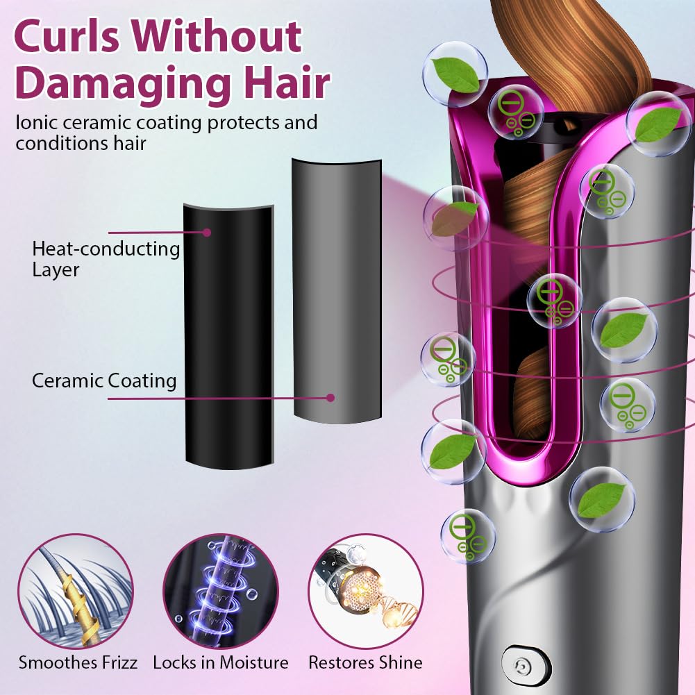 Flintronic Fer a Boucler Cheveux Automatique, Boucleur a Cheveux Sans Fil, Boucleur Céramique USB Rechargeable, avec 6 Réglages de Température & Minuteur, Anti-brûlure, pour Cheveux Longs/Courts