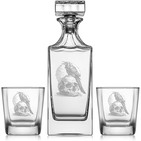 Whiskey Decanter Gift Set With 2 Whiskey Old Fashioned Rocks Glasses Crow Raven Skull Moon Horror