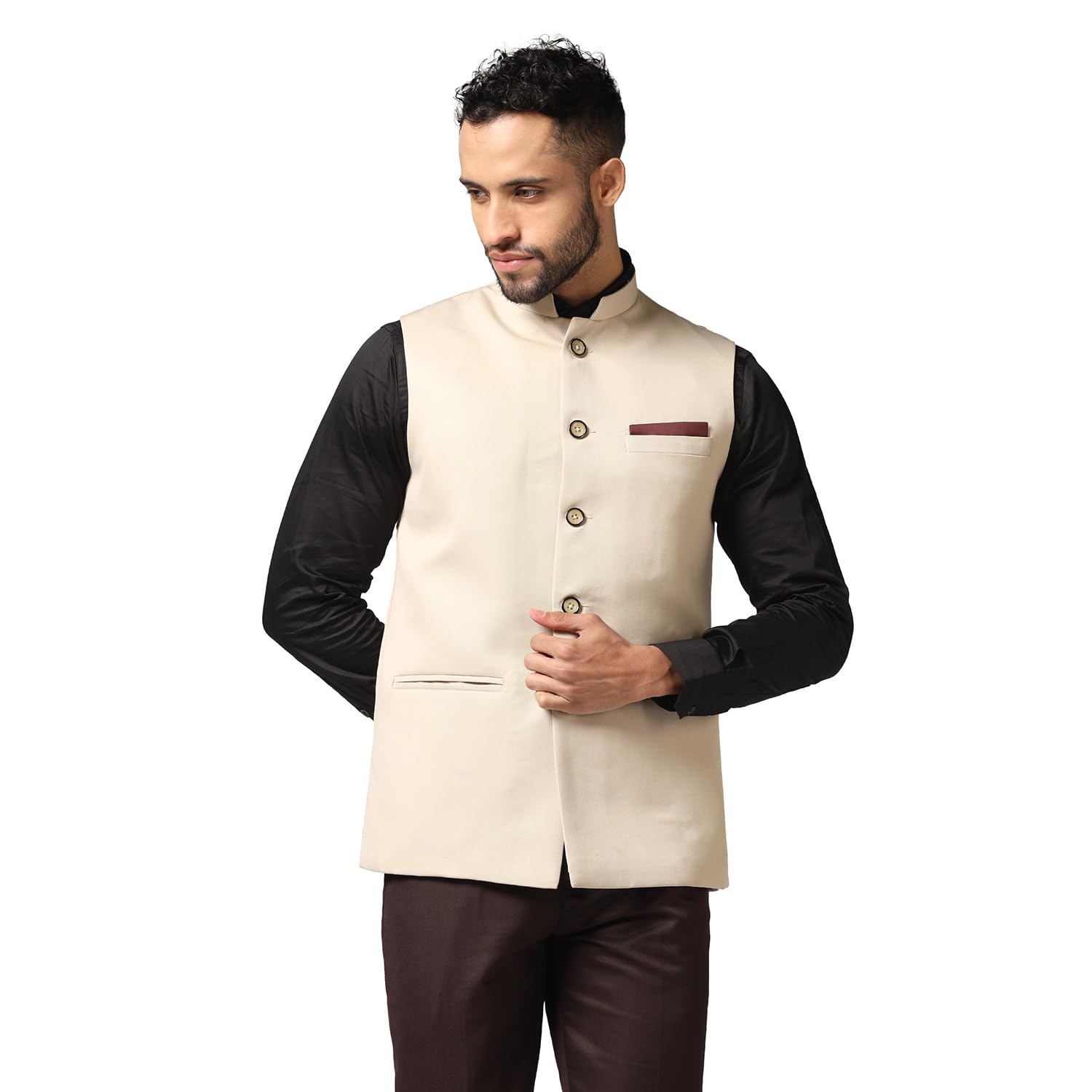 Men Nehru Jacket Traditional Cotton Blend Check Nehru Jacket-image-5