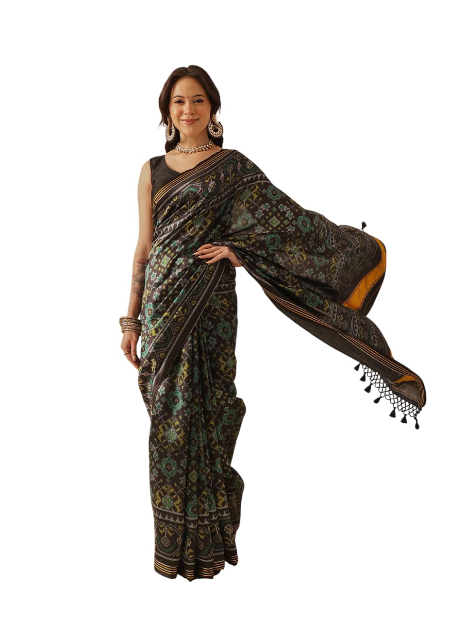 Multicolored Patola Twill Weave Saree for Women with Lagdi Patta Pallu and Tassel-image-37