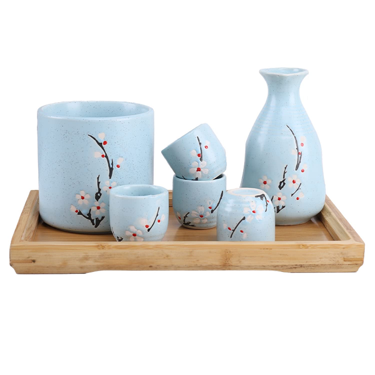Juego de sake japonés ZEMMAL de cerámica con olla calentadora y bandeja, 7 piezas