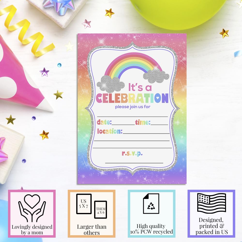 AmandaCreation Lot De 20 Cartes D'invitation à Une Fête D'anniversaire Scintillantes Arc-en-ciel Pour Filles, 12,7 X 17,8 Cm Avec Vingt Enveloppes