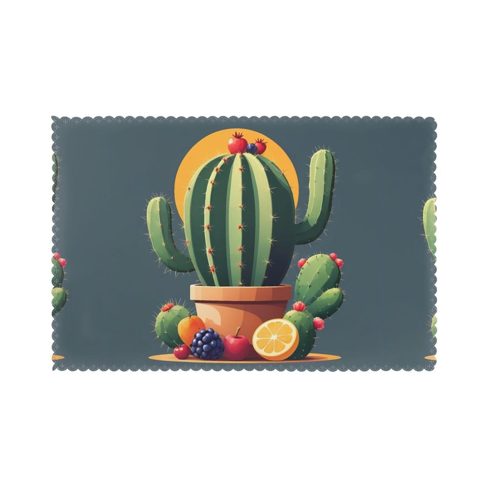 YYHWHJDE Washable Heat Resistant Table Mats for Dining, Home & Kitchen, Thick Firm Wear-Resistant Placemats, 12x18in (Set of 6), Room Hotel Home Cactus with Fruits Prints