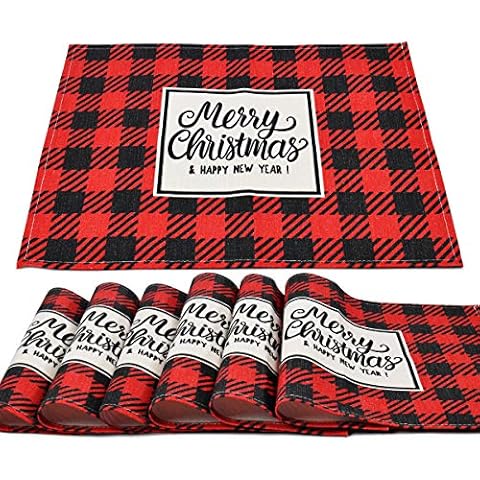 housewife cabinets Christmas Holiday Buffalo Plaid Placemats Set of 6 for Dining Table,Festive Red Kitchen Table Mats,High-Density Woven,Waterproof,Machine Washable(16x12‘’) Cover