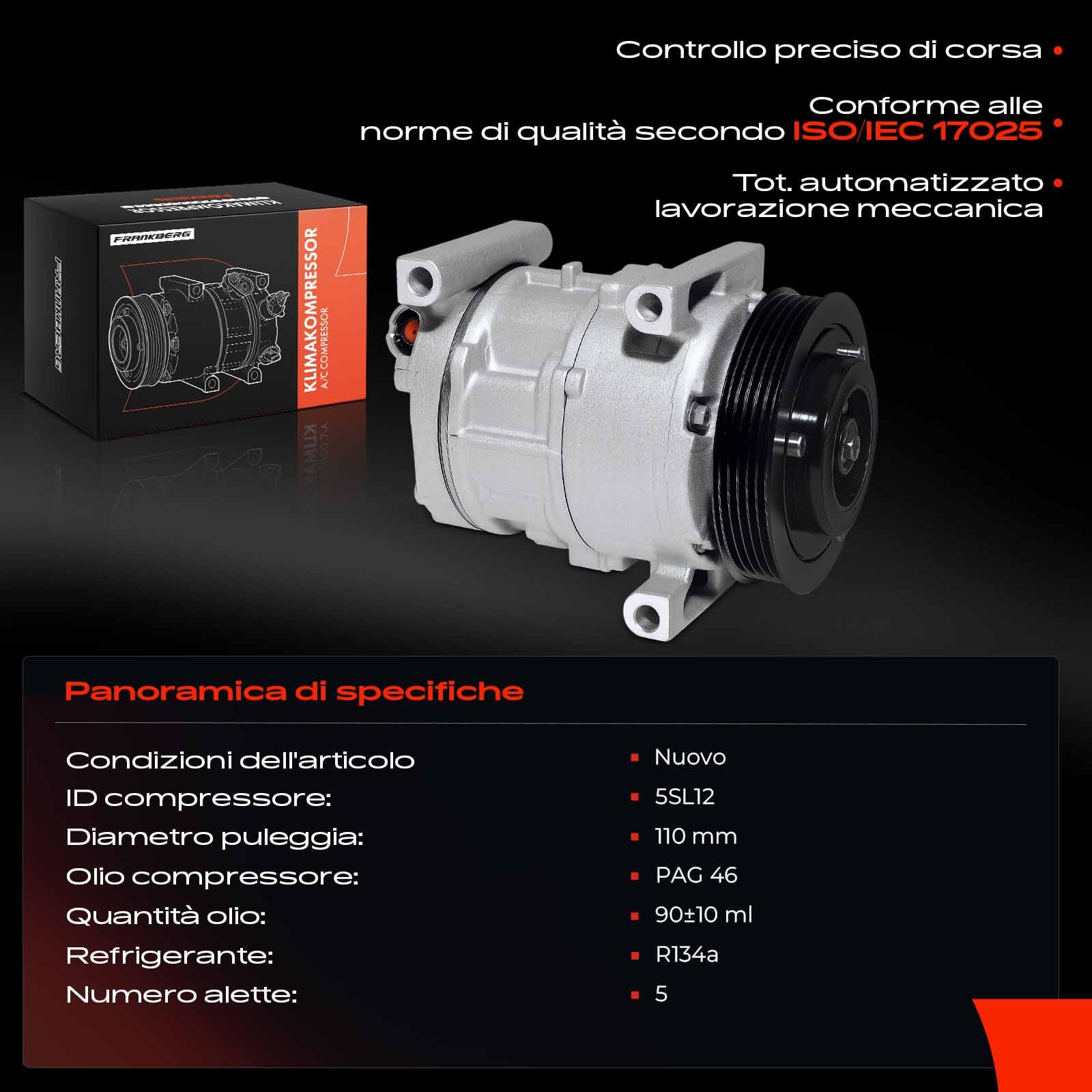 Frankberg Compressore per aria condizionata con frizione | Compatibile con: Sedici 189, Punto Box/Hatchback 199, Linea 110 323, Delta III 844, Scudo Box 270 272, Punto Evo 199