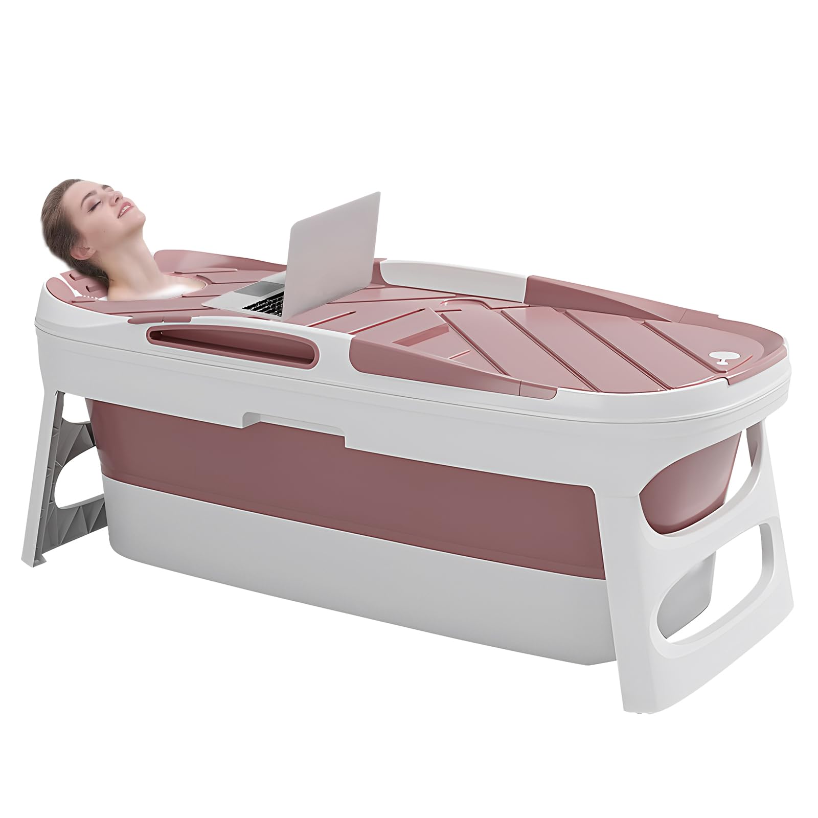 Warmiehomy Folding Bathtub, Portable Bathtub Adults, Plastic Folding Thicken Bathtub, Foldable Sweat Steaming Bathtubs with Lid, Family Soaking Bath Tub for Adults Children, 113x63x54cm Pink