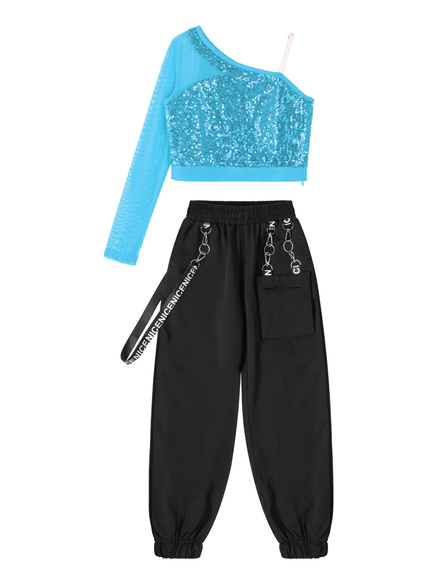 IEFIEL Traje de Baile Moderno para Niñas Sudadera de Manga Larga Crop Top de Lentejuelas Brillante y Pantalones Largos de Danza Hip Hop Chándales Deportivos 5-14 Años