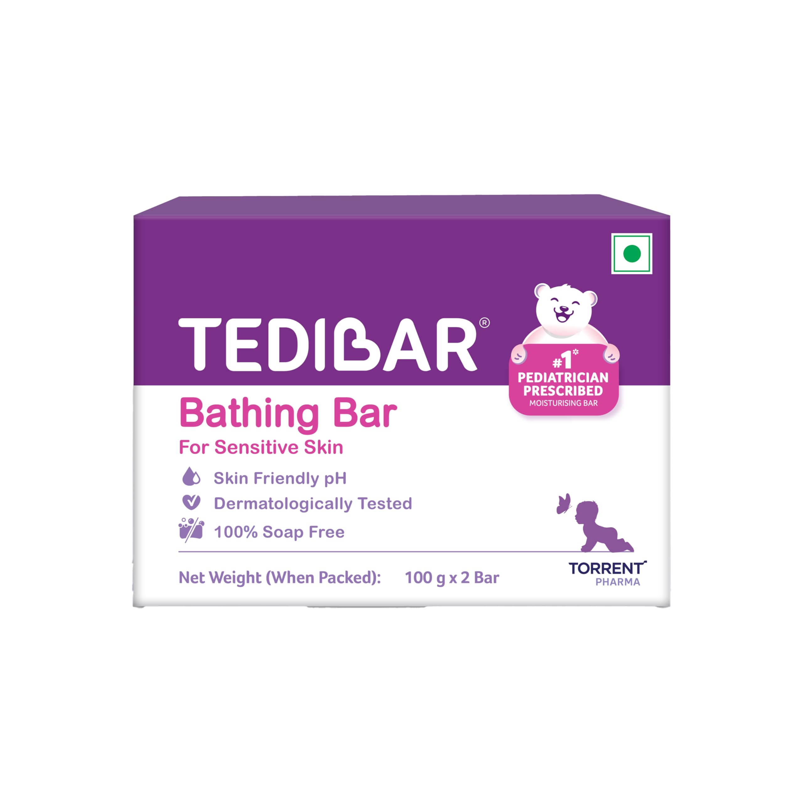 Tedibar Moisturising Baby Bathing Bar 100x2g (Pack of 1) 100% Soap Free No. 1* Pediatrician Prescribed Moisturising Bar - By Torrent Pharma