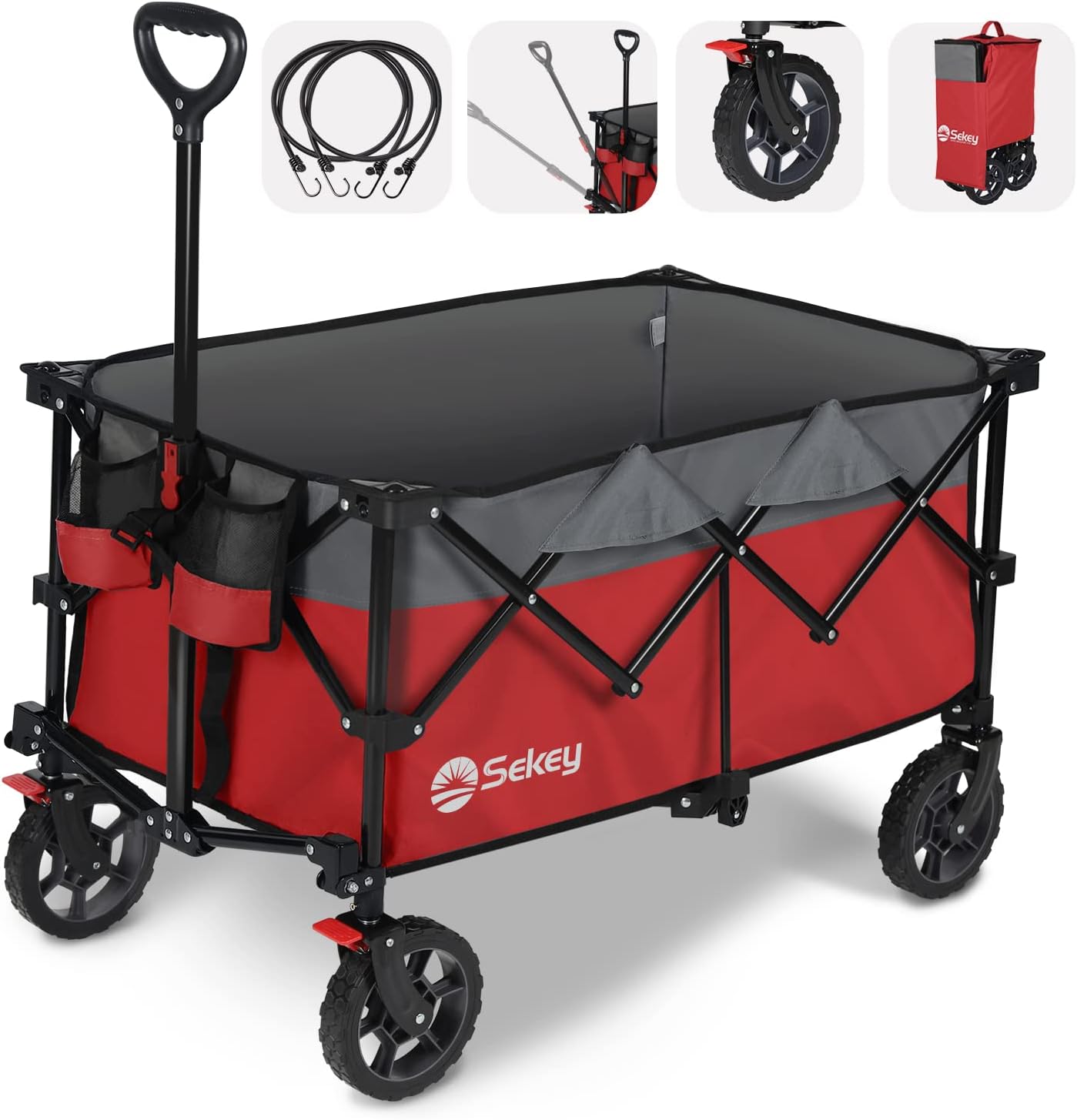 Sekey 220L Collapsible Foldable Wagon with 330lbs Weight Capacity, Heavy Duty Folding Wagon Cart with Big All-Terrain Wheels & Drink Holders (Red&Grey)