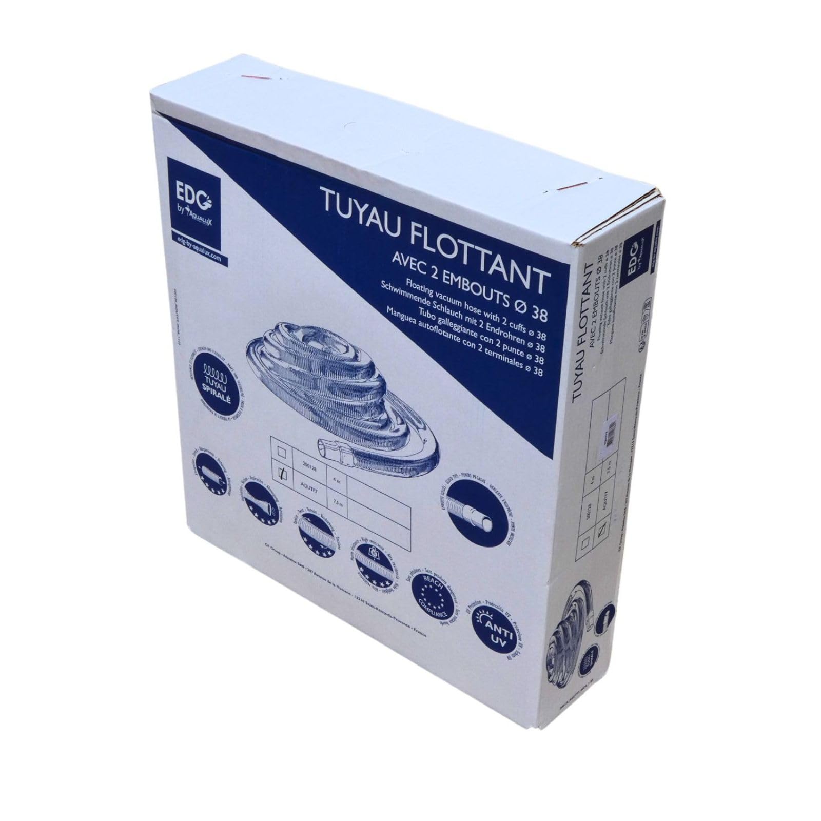 EDG by AQUALUX INTERNATIONAL - Tuyau Flottant Piscine Diamètre 38 mm Interieur avec 2 Embouts Fixes - Technologie Spiralée Haute Performance Anti Ecrasement - Longueur 12 m